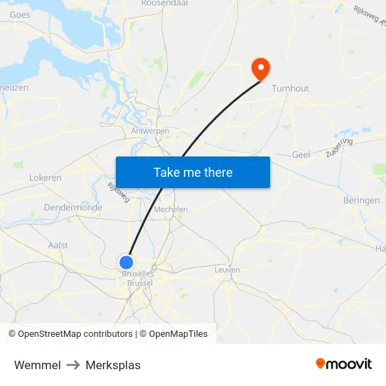 Wemmel to Merksplas map