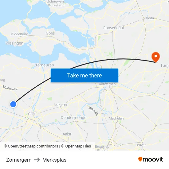 Zomergem to Merksplas map