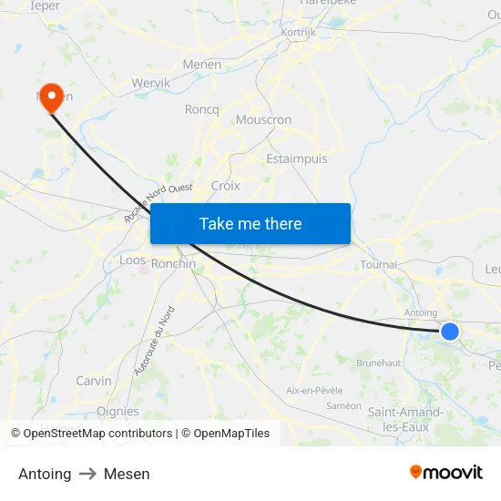 Antoing to Mesen map
