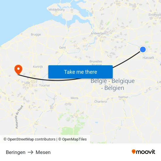 Beringen to Mesen map