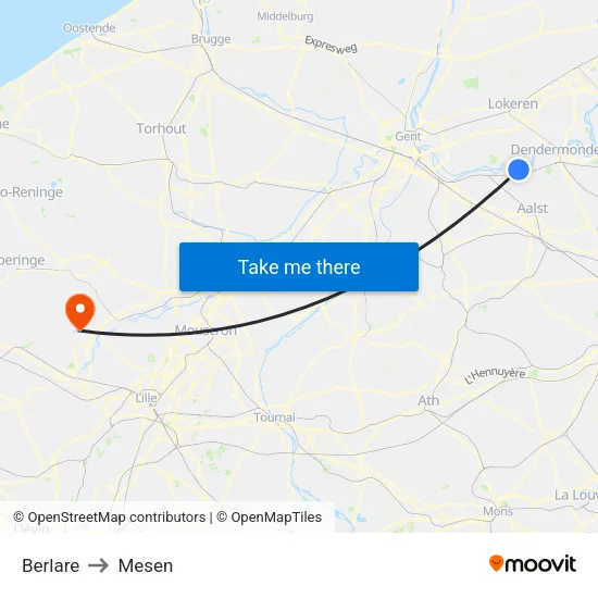 Berlare to Mesen map