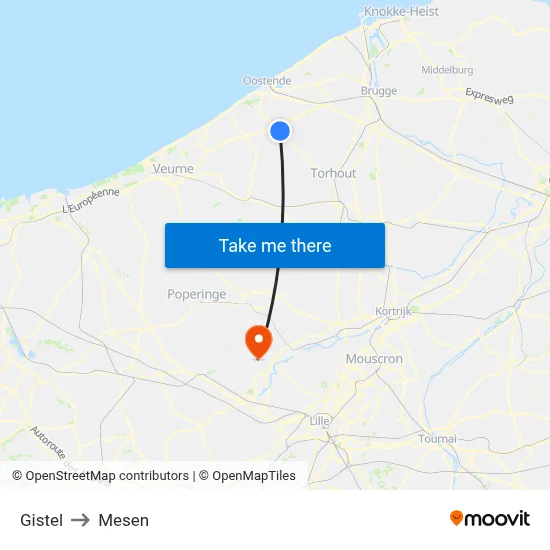 Gistel to Mesen map