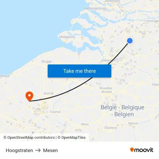 Hoogstraten to Mesen map