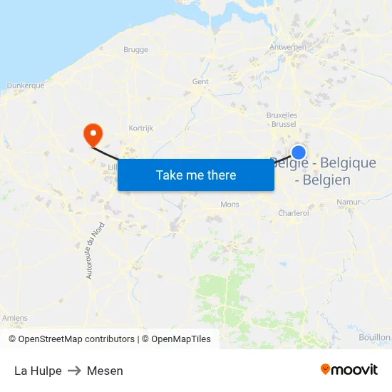 La Hulpe to Mesen map