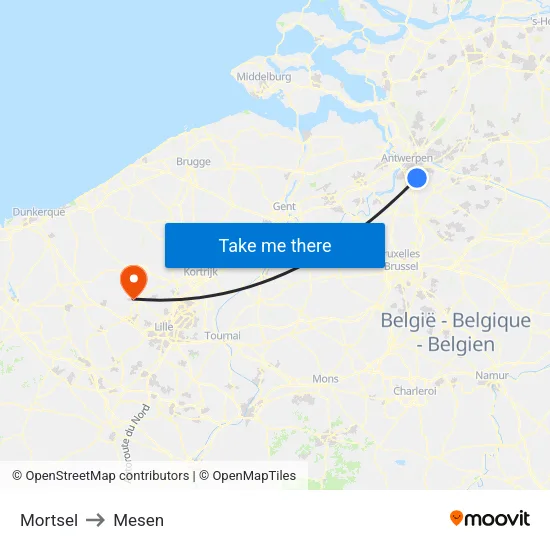 Mortsel to Mesen map