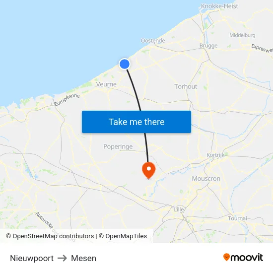 Nieuwpoort to Mesen map