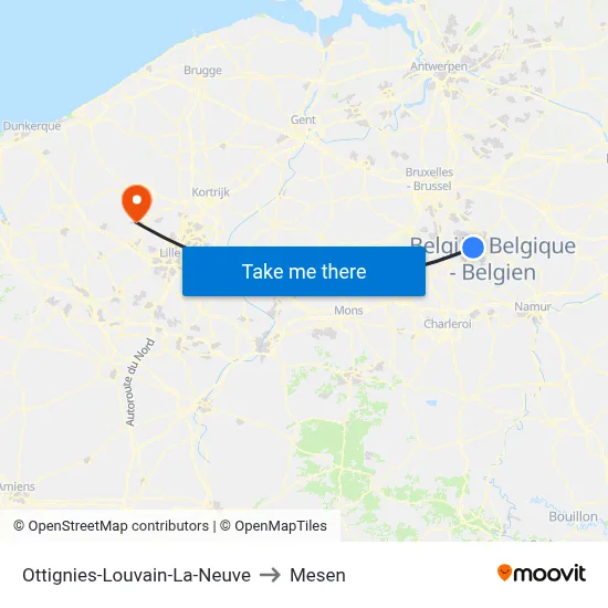 Ottignies-Louvain-La-Neuve to Mesen map
