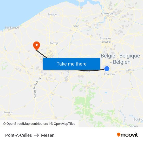 Pont-À-Celles to Mesen map