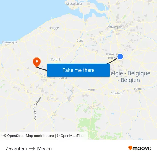 Zaventem to Mesen map