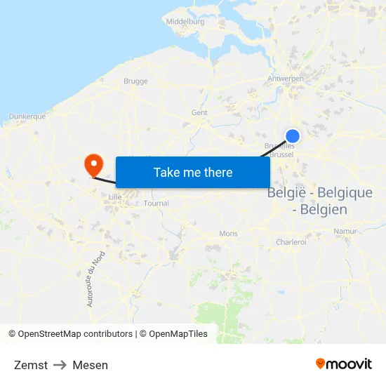 Zemst to Mesen map