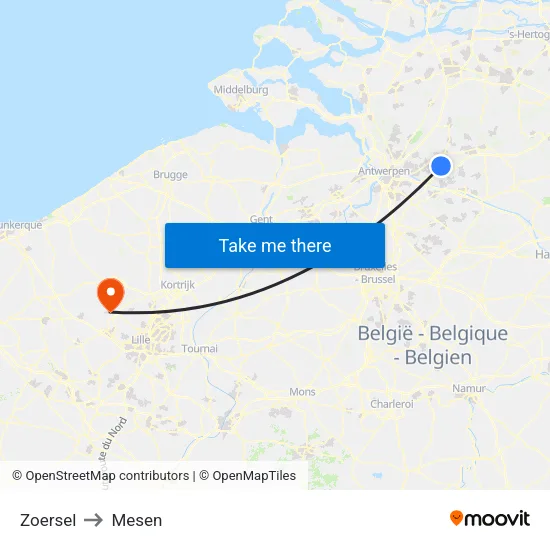 Zoersel to Mesen map