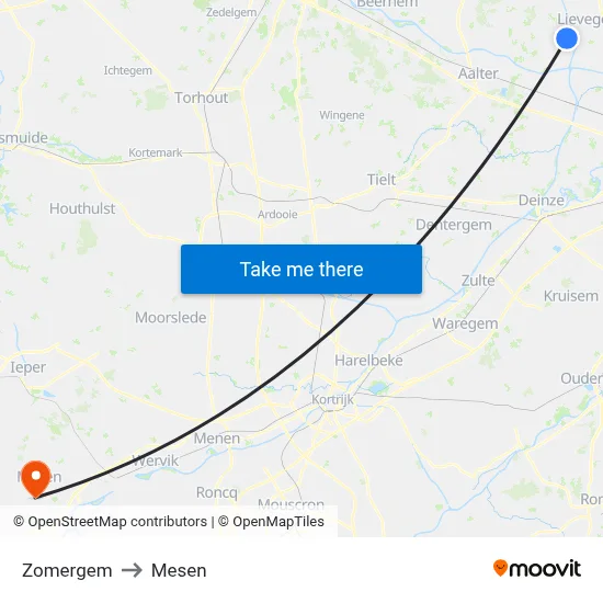 Zomergem to Mesen map
