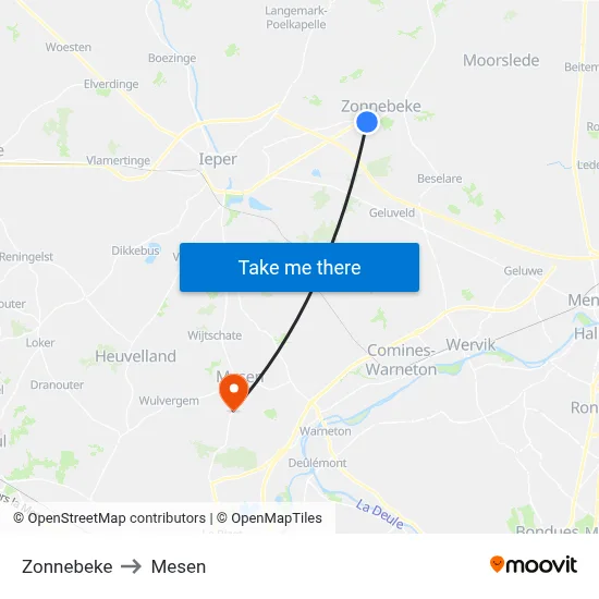Zonnebeke to Mesen map