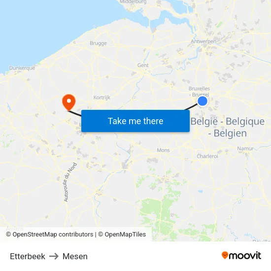 Etterbeek to Mesen map