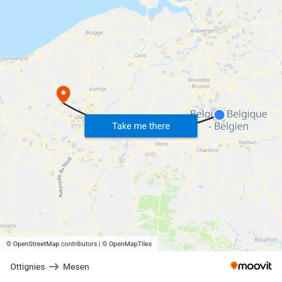 Ottignies to Mesen map