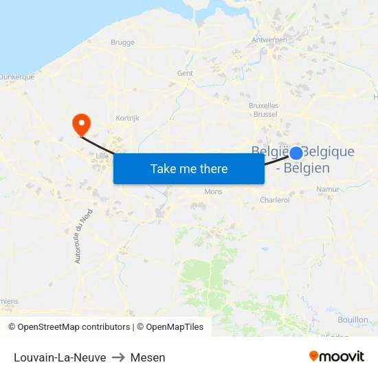 Louvain-La-Neuve to Mesen map