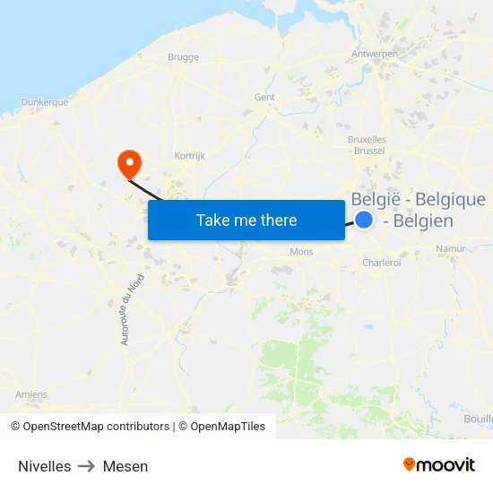 Nivelles to Mesen map