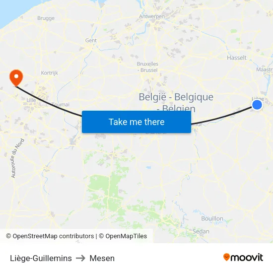 Liège-Guillemins to Mesen map