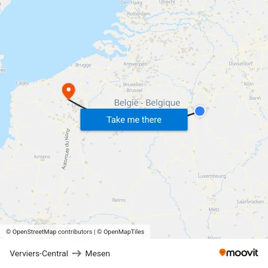 Verviers-Central to Mesen map