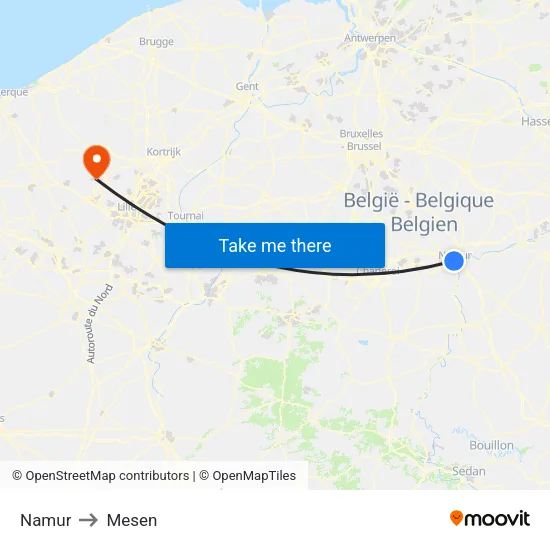 Namur to Mesen map