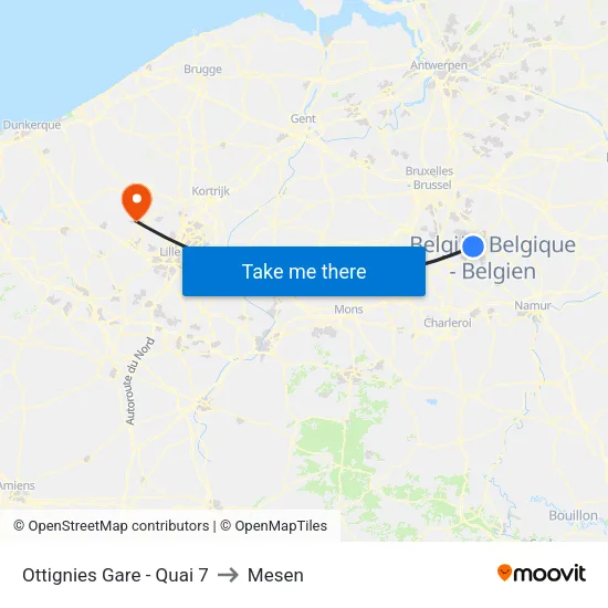 Ottignies Gare - Quai 7 to Mesen map
