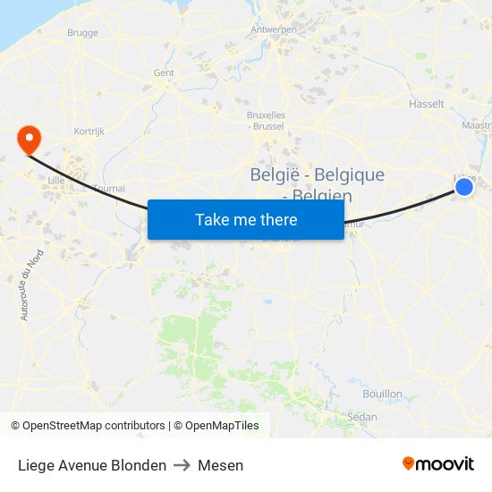 Liege Avenue Blonden to Mesen map