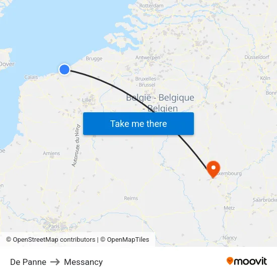 De Panne to Messancy map