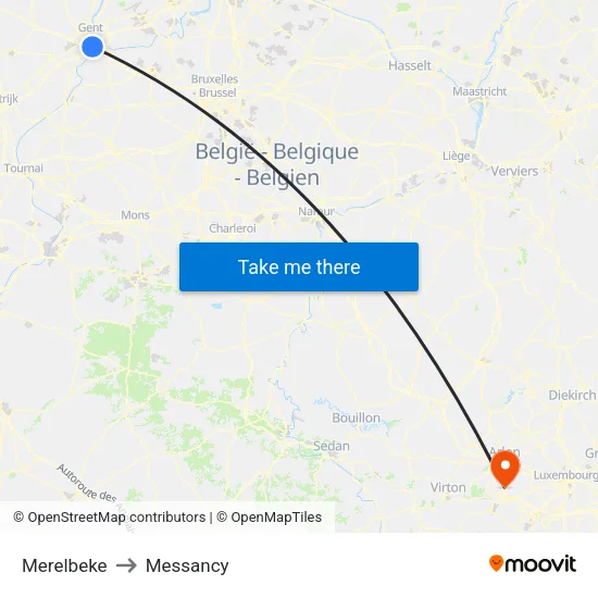 Merelbeke to Messancy map