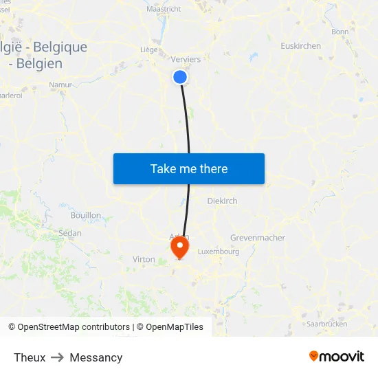 Theux to Messancy map