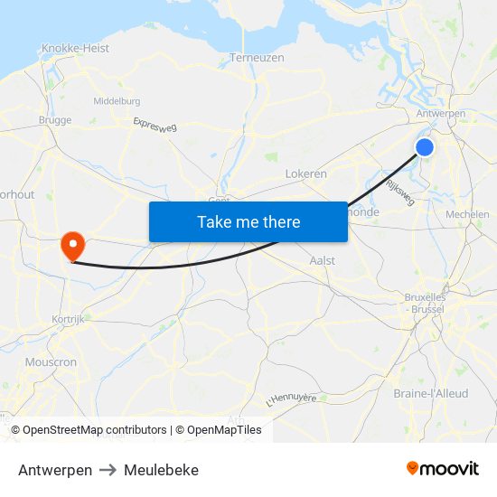 Antwerpen to Meulebeke map