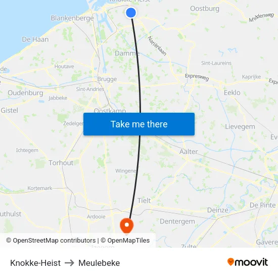 Knokke-Heist to Meulebeke map
