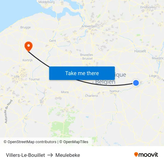 Villers-Le-Bouillet to Meulebeke map