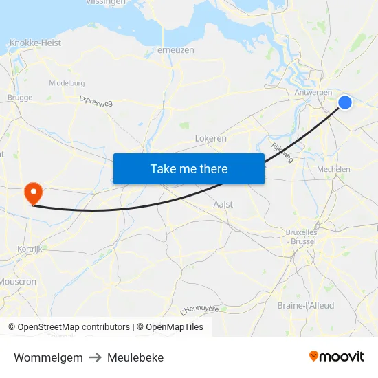 Wommelgem to Meulebeke map