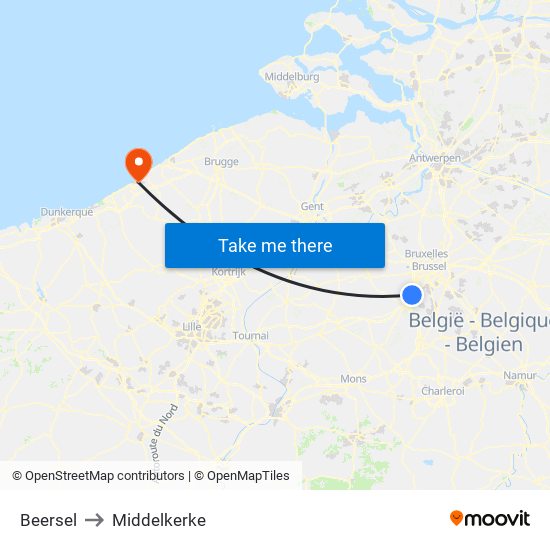 Beersel to Middelkerke map