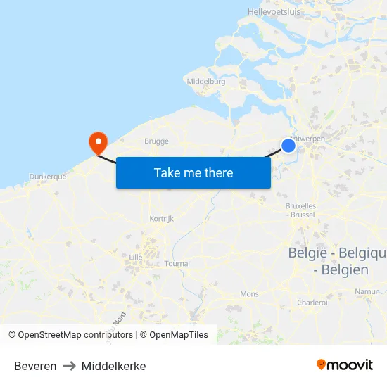 Beveren to Middelkerke map