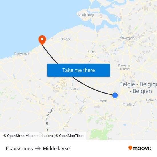 Écaussinnes to Middelkerke map