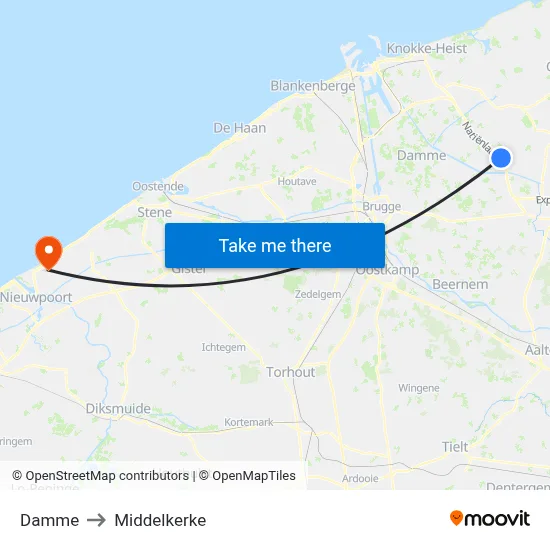 Damme to Middelkerke map