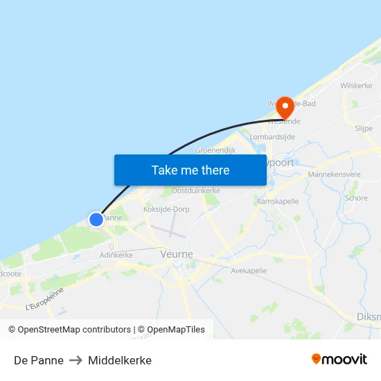 De Panne to Middelkerke map
