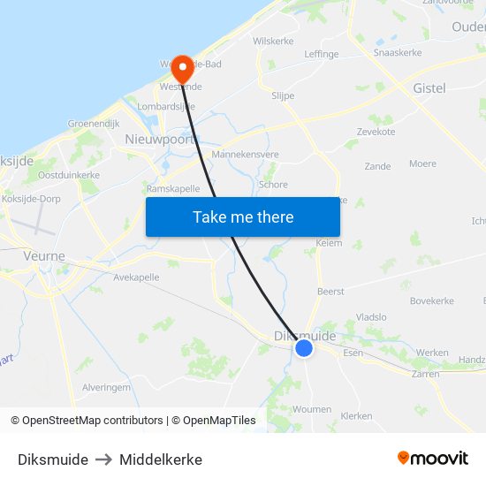 Diksmuide to Middelkerke map