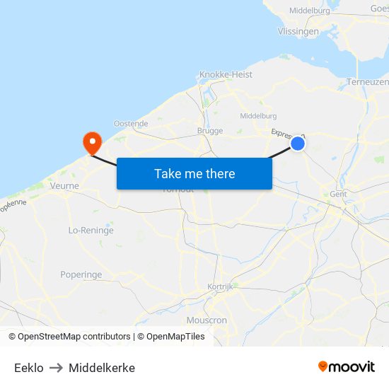 Eeklo to Middelkerke map