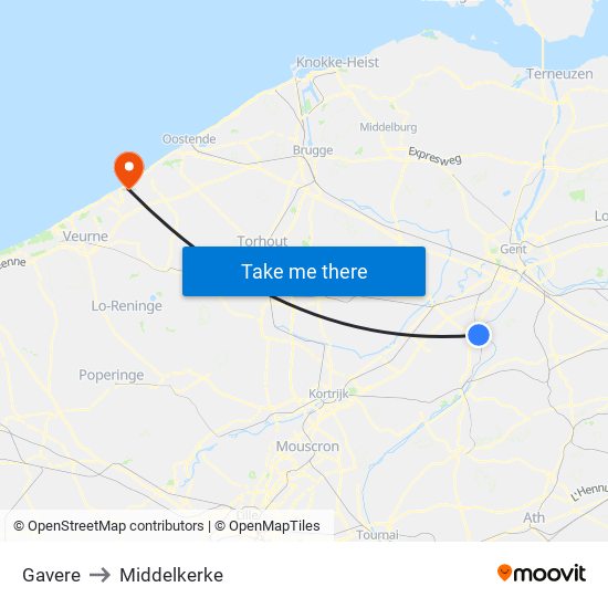 Gavere to Middelkerke map