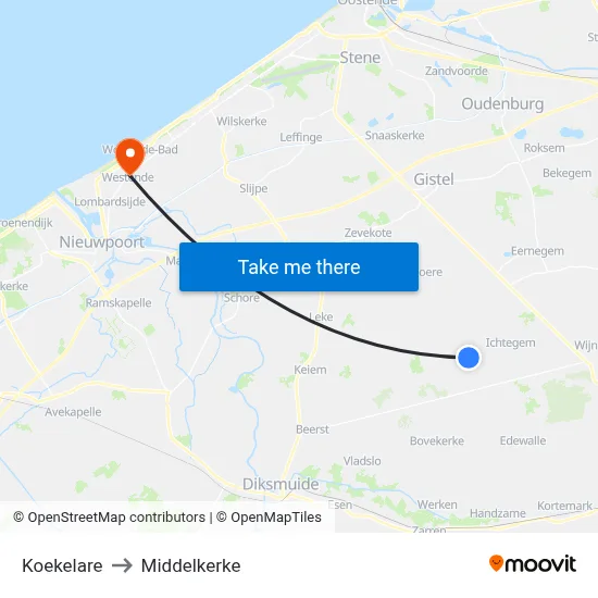 Koekelare to Middelkerke map