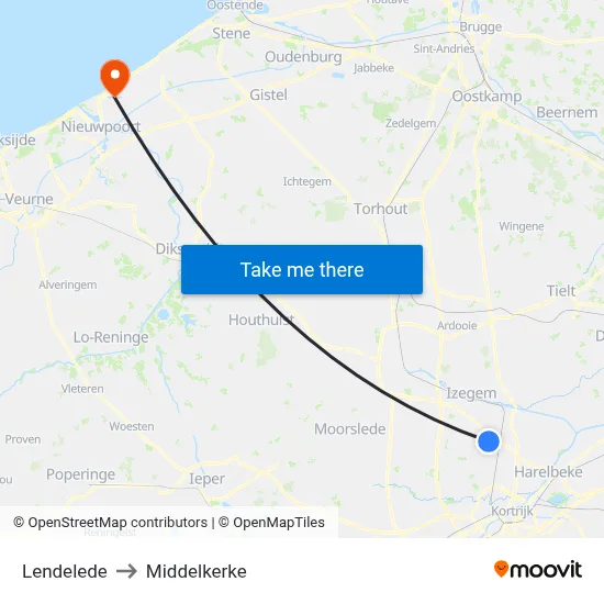 Lendelede to Middelkerke map