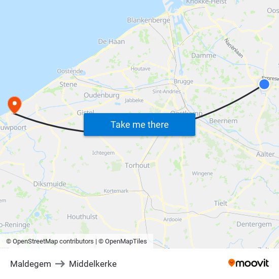 Maldegem to Middelkerke map