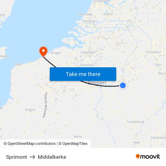 Sprimont to Middelkerke map