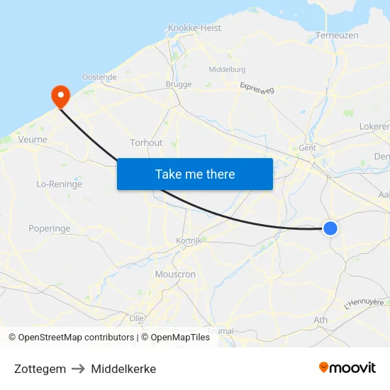 Zottegem to Middelkerke map