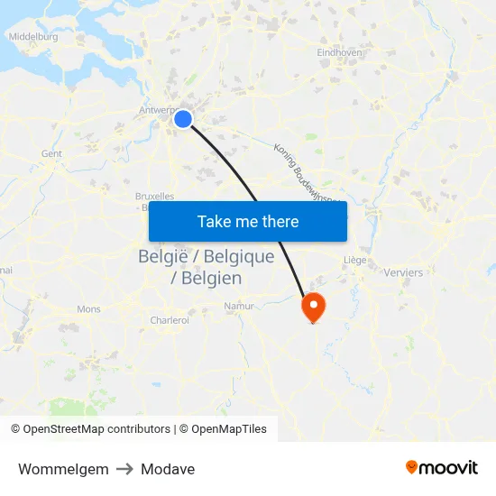 Wommelgem to Modave map