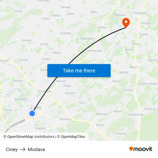 Ciney to Modave map