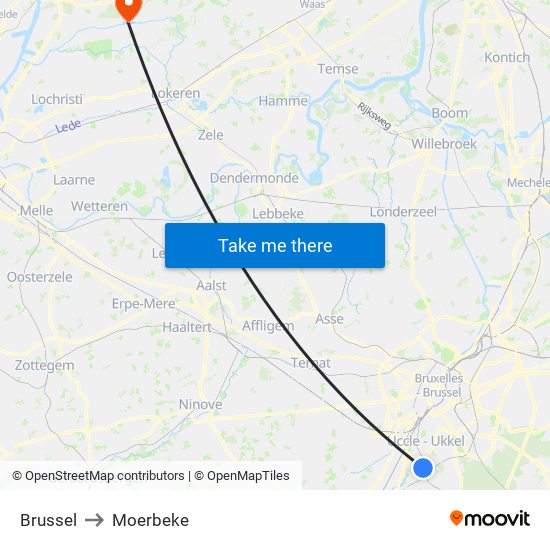 Brussel to Moerbeke map