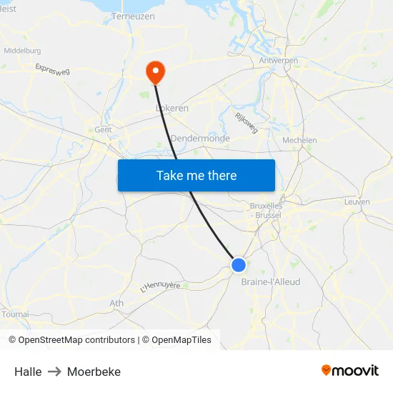 Halle to Moerbeke map